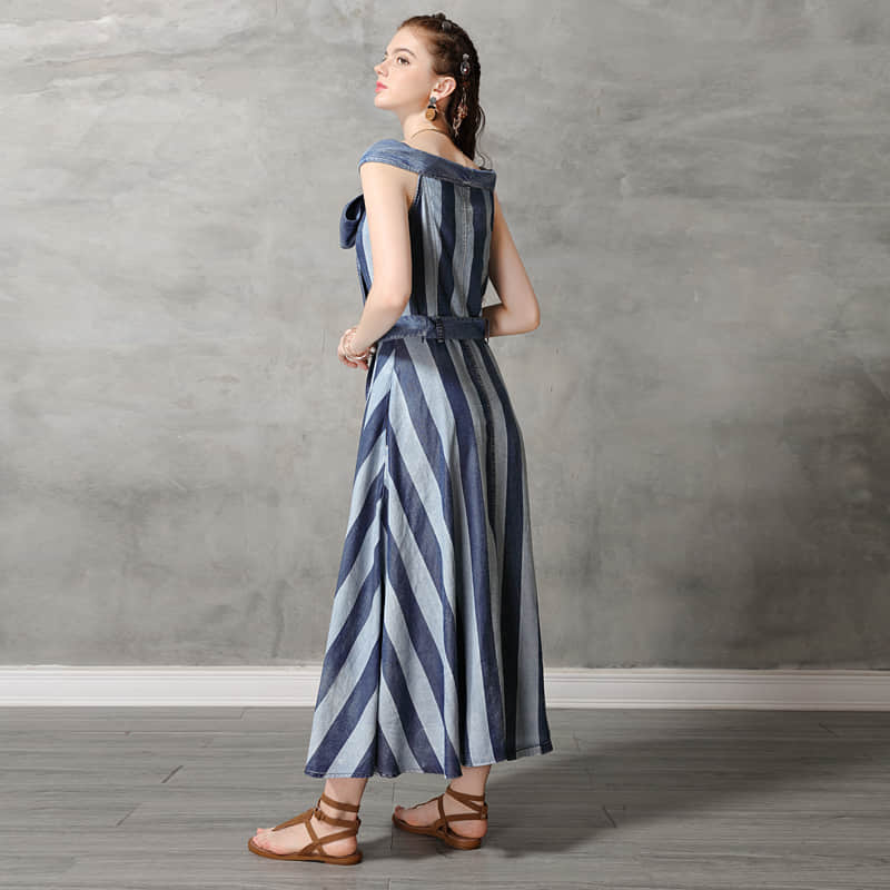 One-line neck camisole big swing skirt denim striped dress  | IFAUN