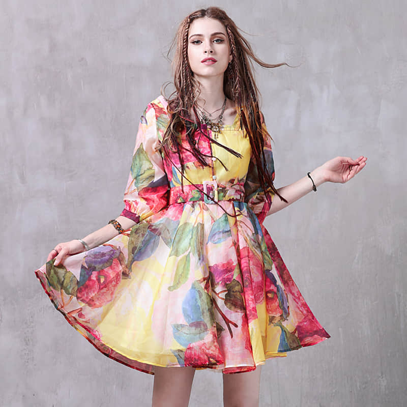 Puff sleeve print dress S | IFAUN