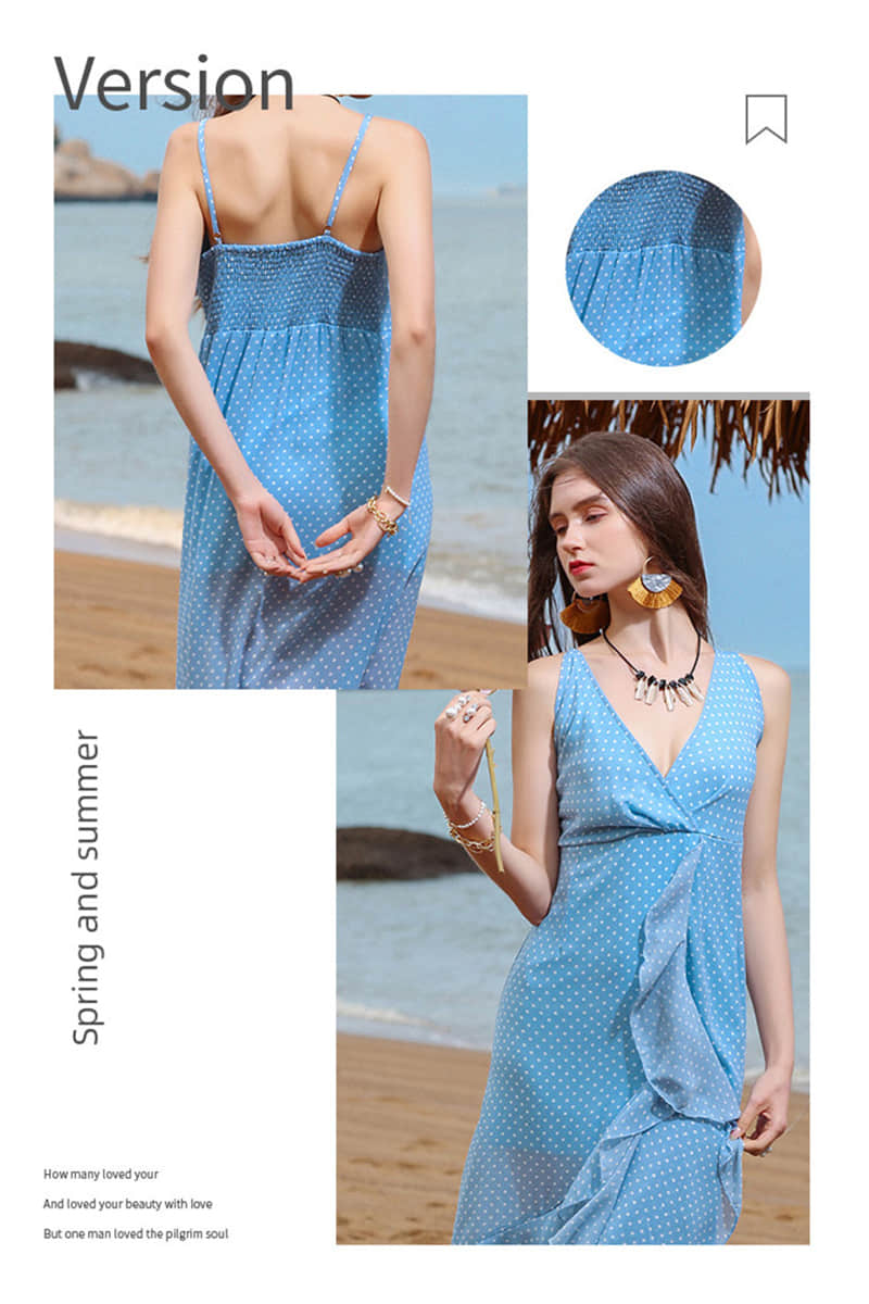 Pure Color Polka Dot V-Neck Sling Beach Dress | IFAUN