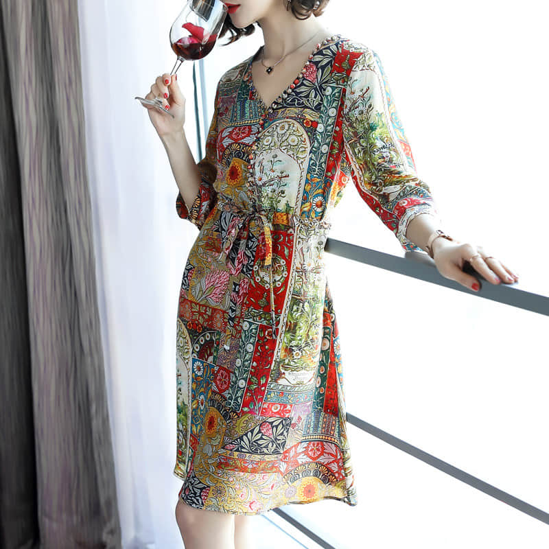V-neck silk print dress XL | IFAUN