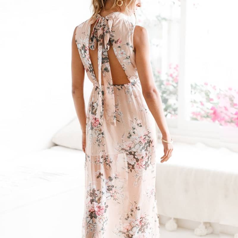 Long printed sleeveless dress with slits | IFAUN