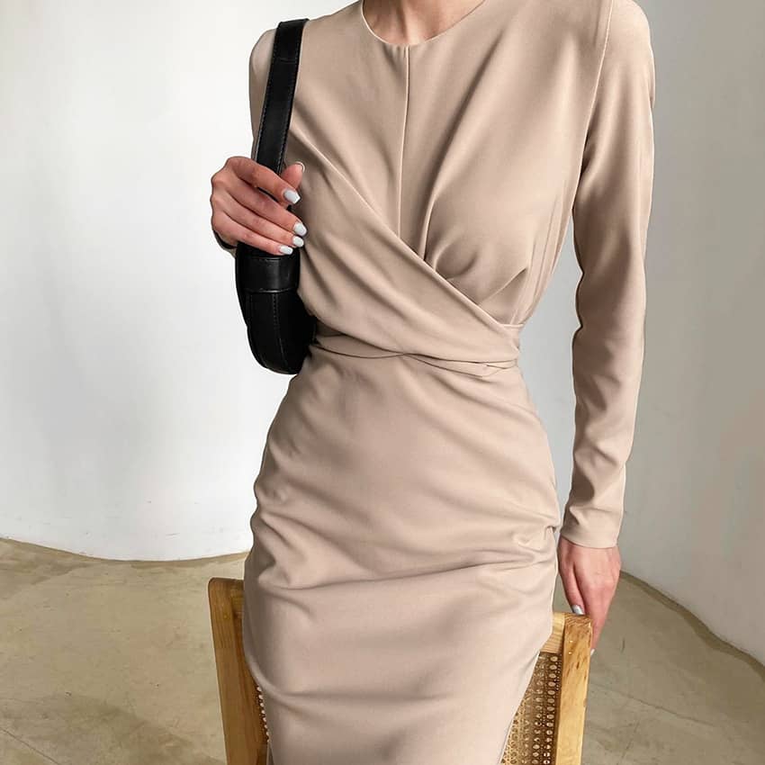 Women's round neck waist long sleeve dress FloralWhite / S | IFAUN