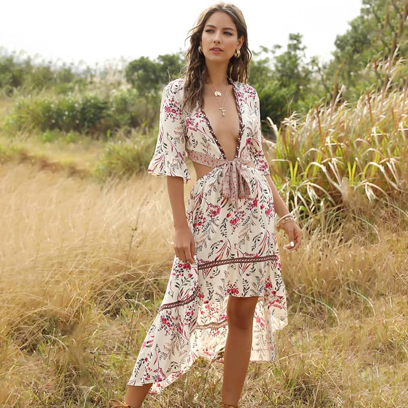 Bohemian Deep V Neck Tie Dress Ivory / S | IFAUN