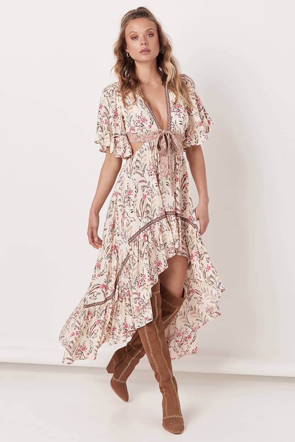 Bohemian Deep V Neck Tie Dress | IFAUN
