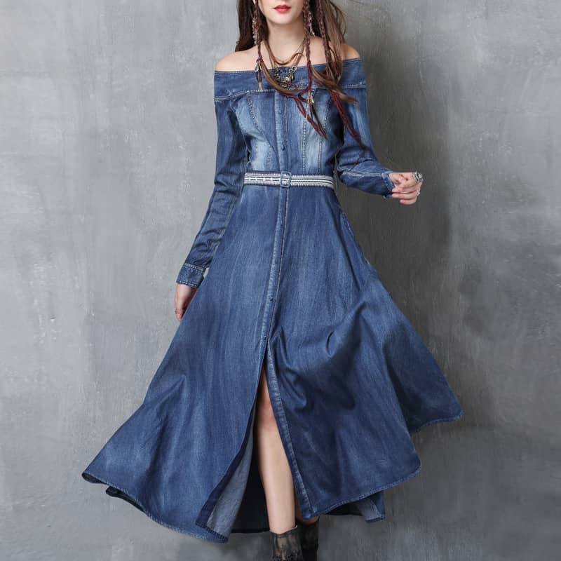 Washed denim dress with belt embroidered one-line collar S | IFAUN