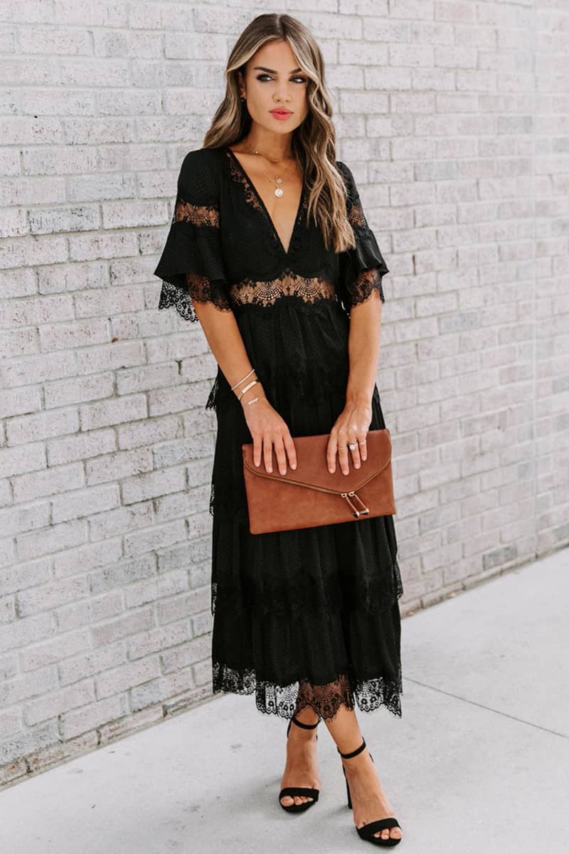 Tulle deep V pullover lace dress Black / M | IFAUN