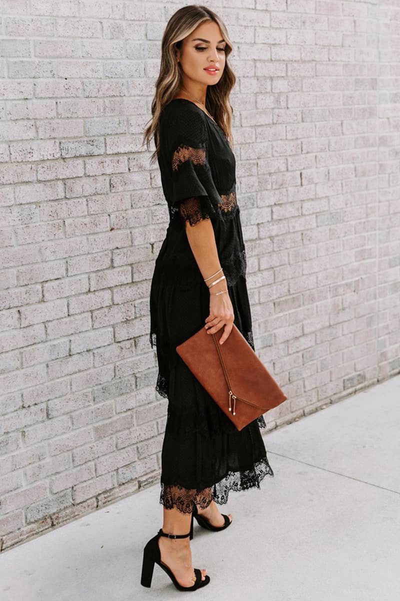 Tulle deep V pullover lace dress Black / 2XL | IFAUN