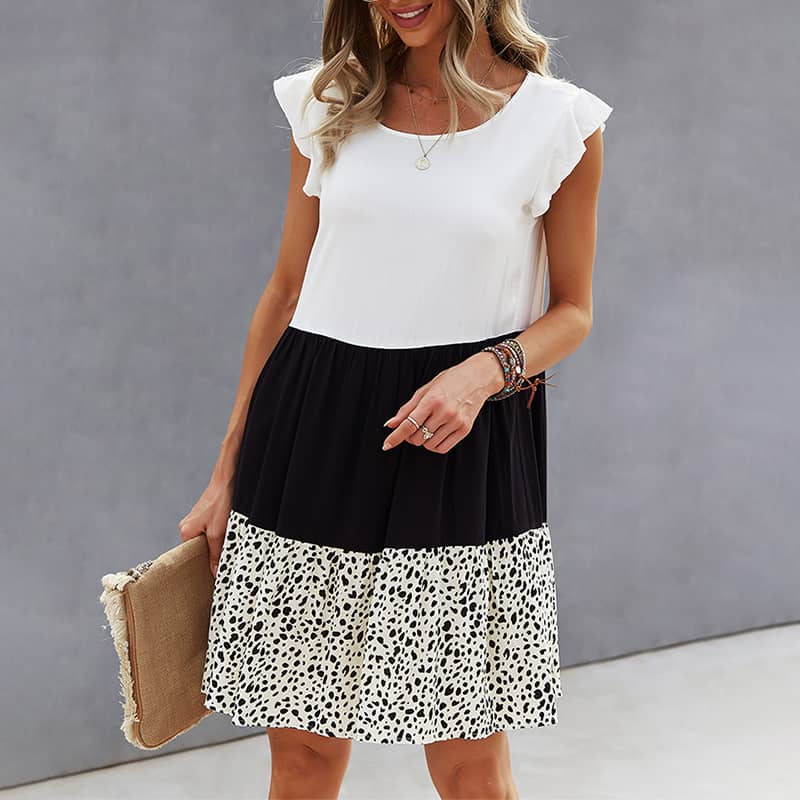 Summer stitching leopard print flying sleeve dress | IFAUN