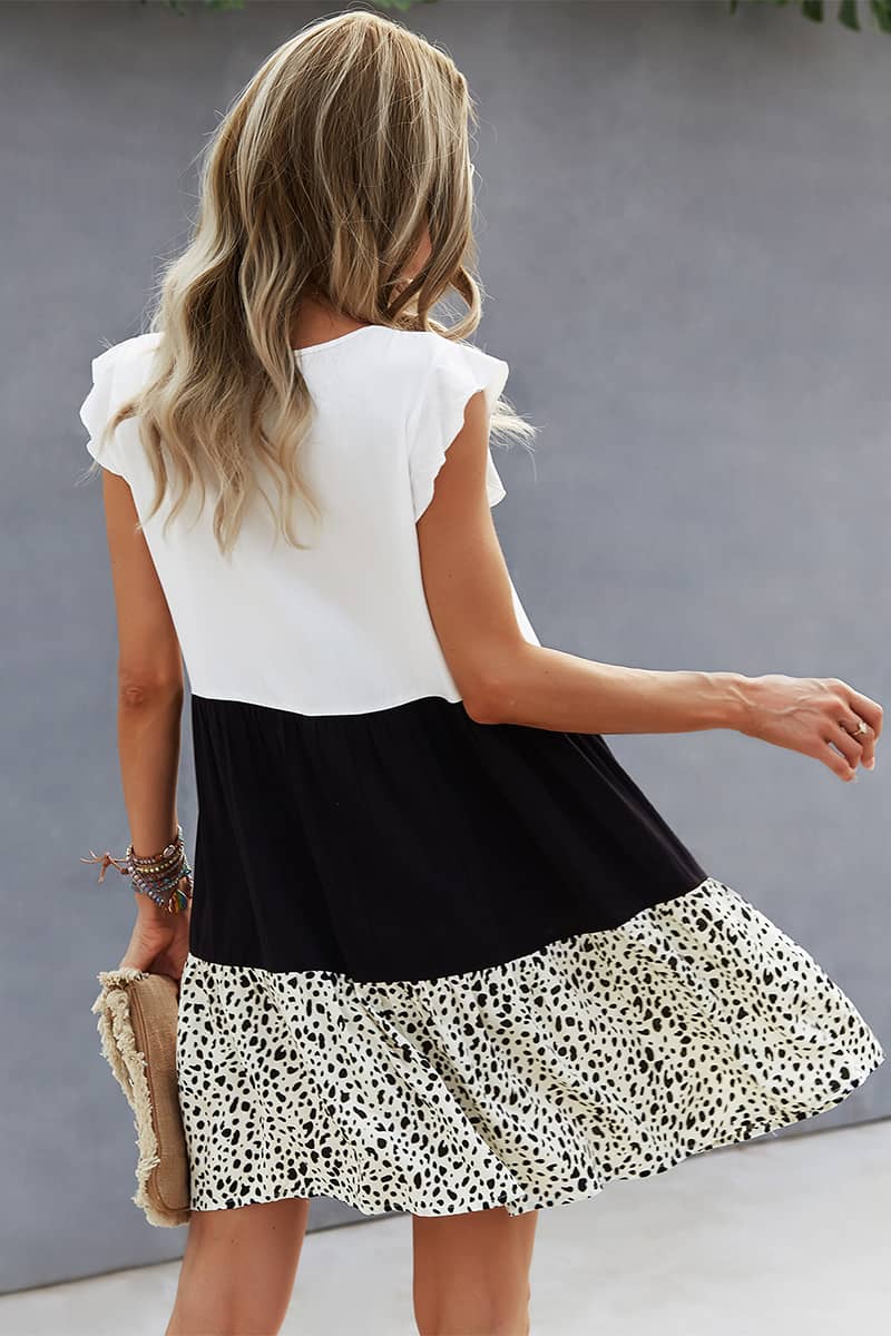 Summer stitching leopard print flying sleeve dress | IFAUN