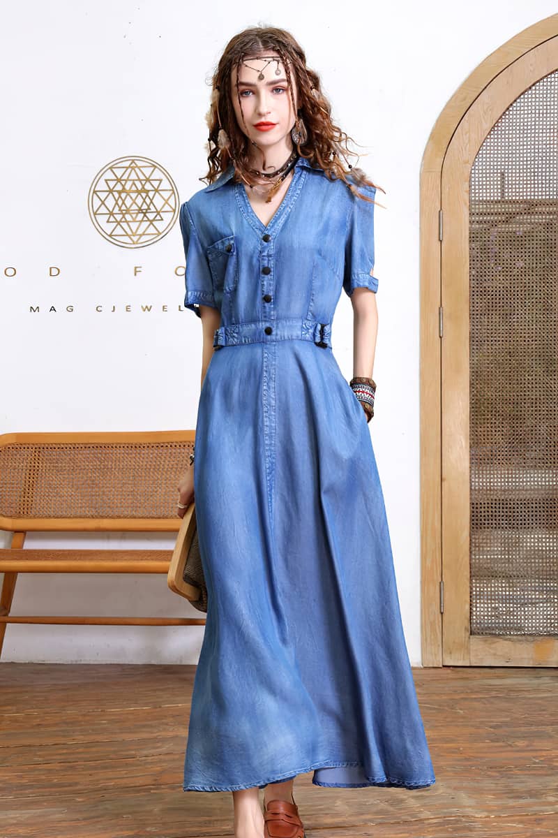 V-neck dress retro waist slim Tencel denim dress