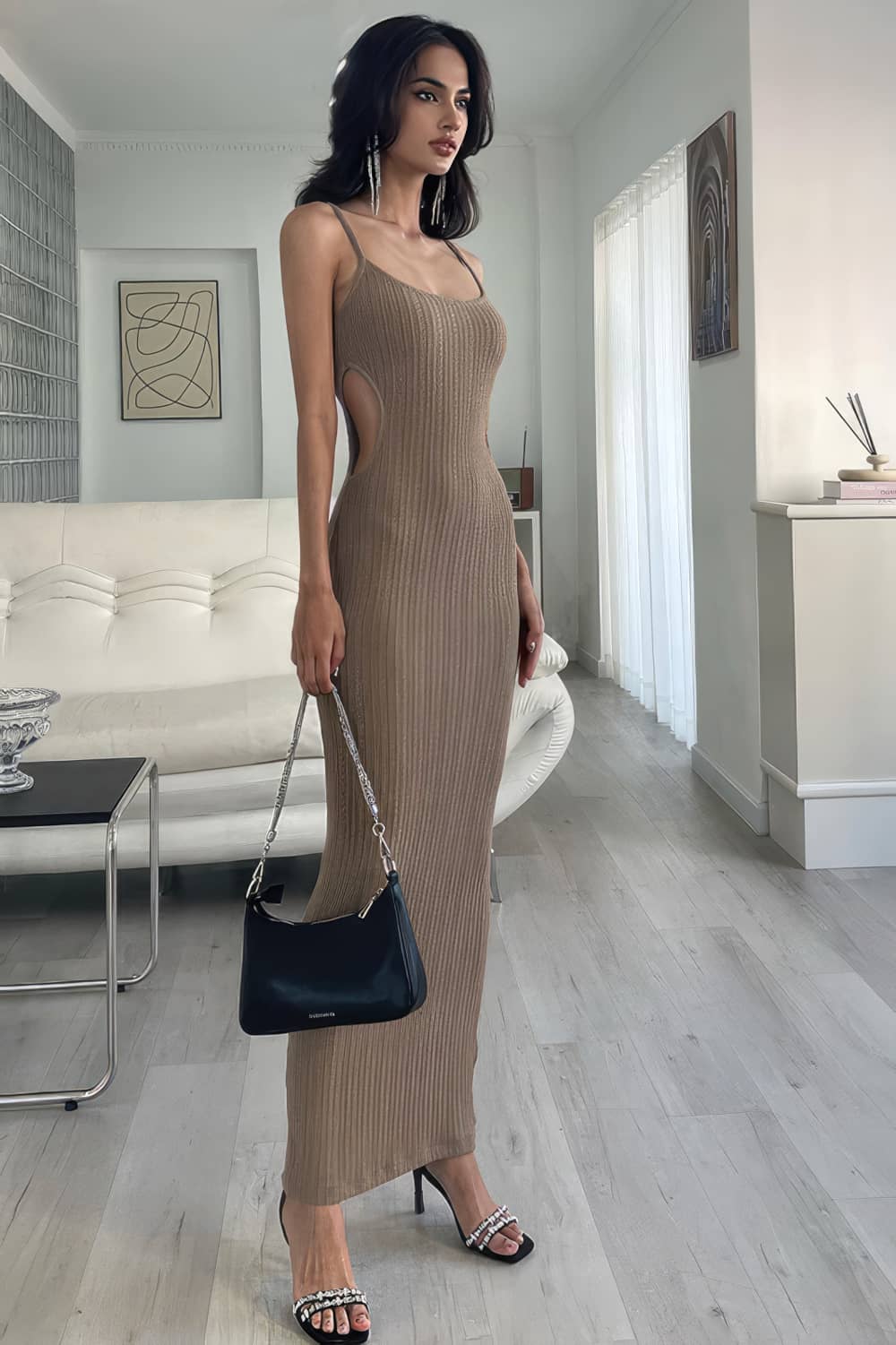 Sexy side exposed waist long strappy slim dress