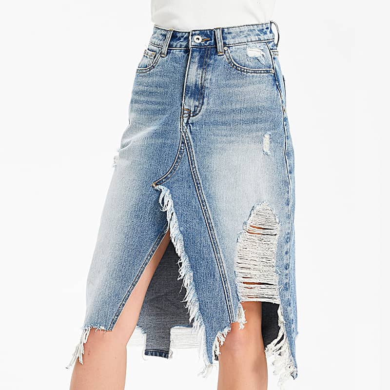 Irregular fringe ripped denim skirt S | IFAUN