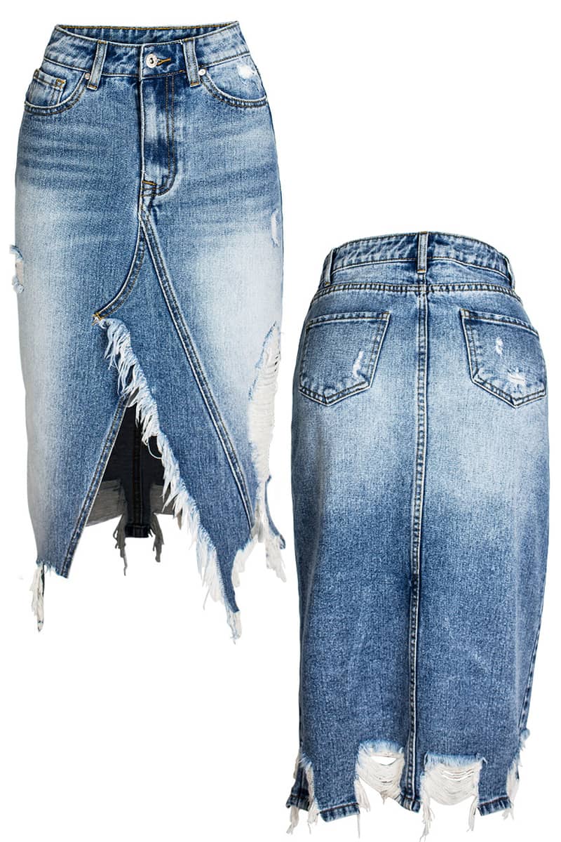 Irregular fringe ripped denim skirt | IFAUN