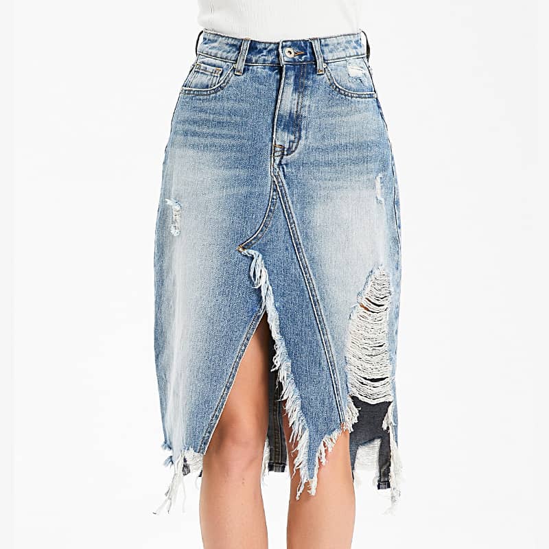 Irregular fringe ripped denim skirt XS | IFAUN