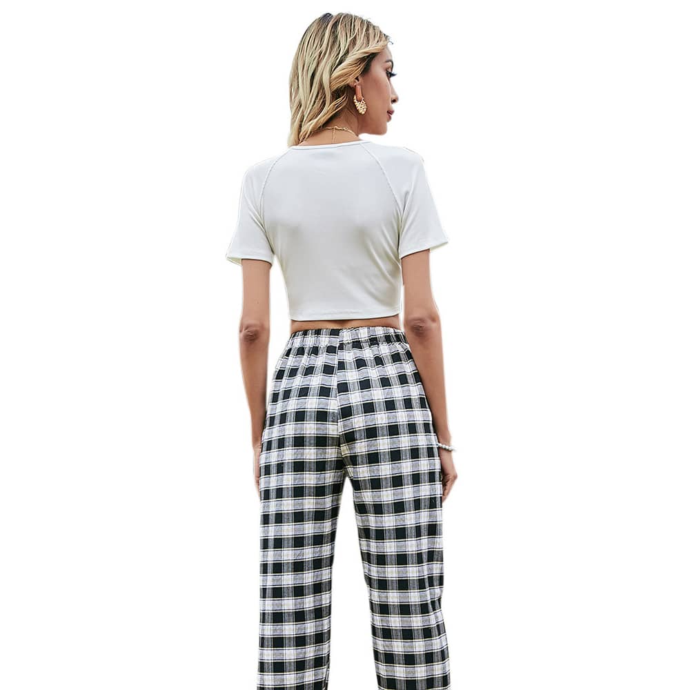 Belly strappy top high waist black and white casual pants suit | IFAUN