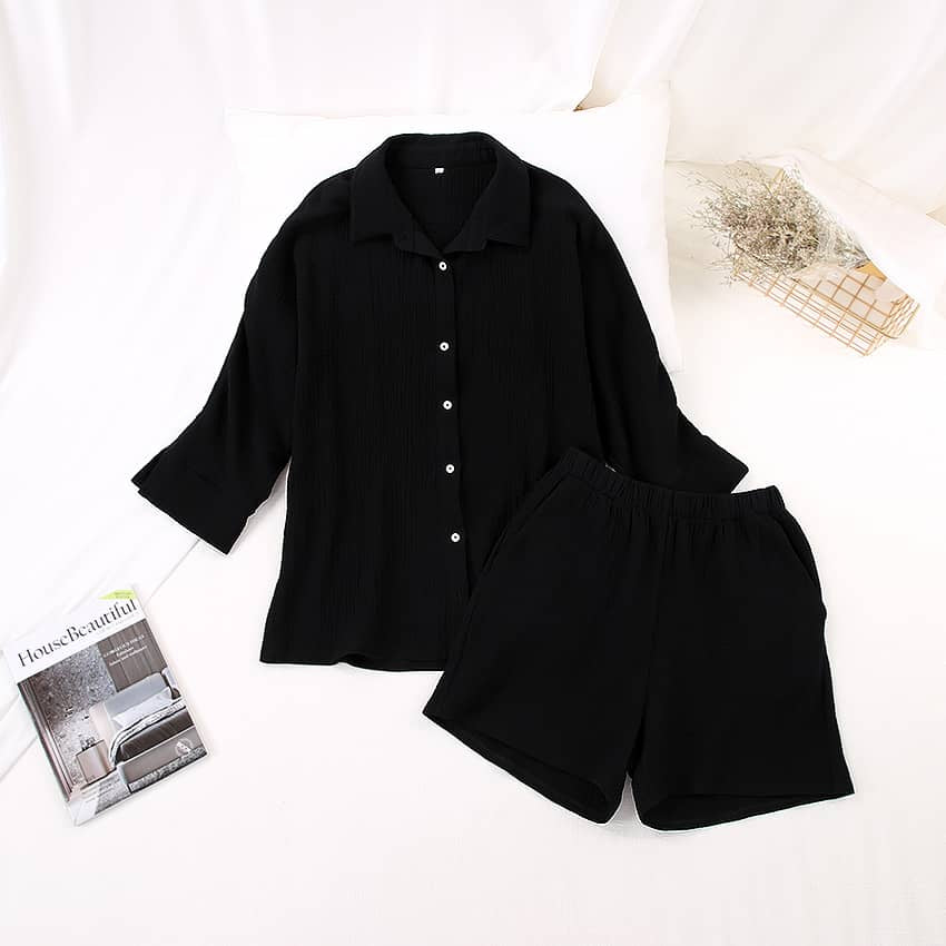 Women's cardigan shorts cotton two-piece suit Black / L | IFAUN
