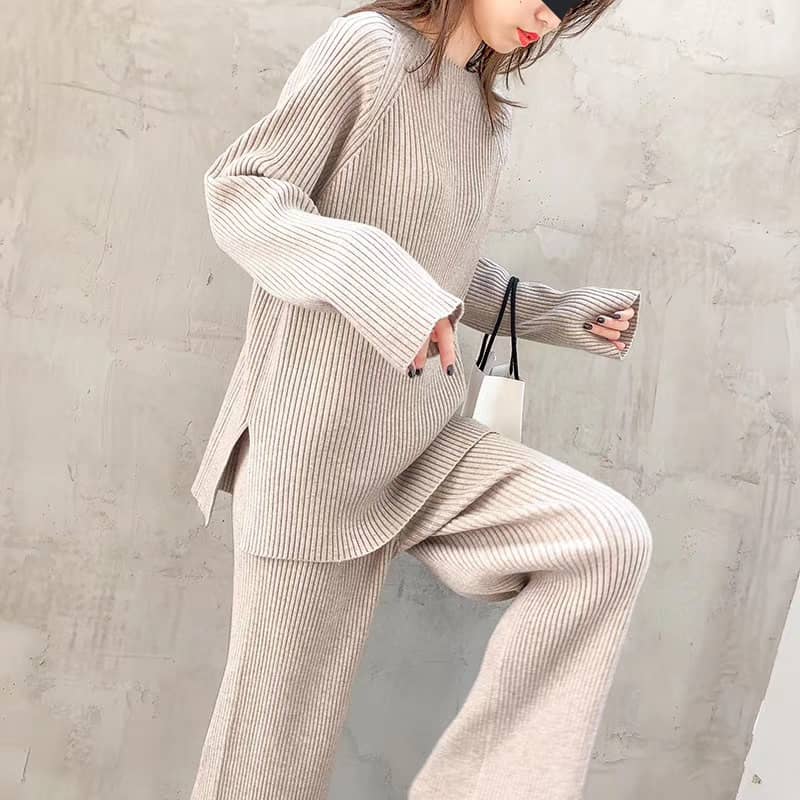 Autumn knitted sweater wide leg pants two-piece women