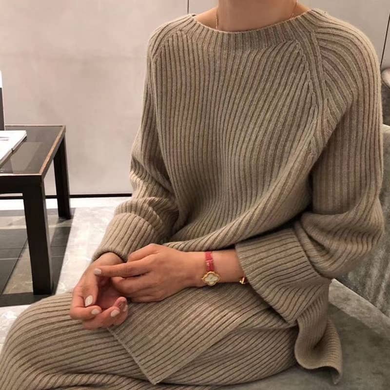 Autumn knitted sweater wide leg pants two-piece women