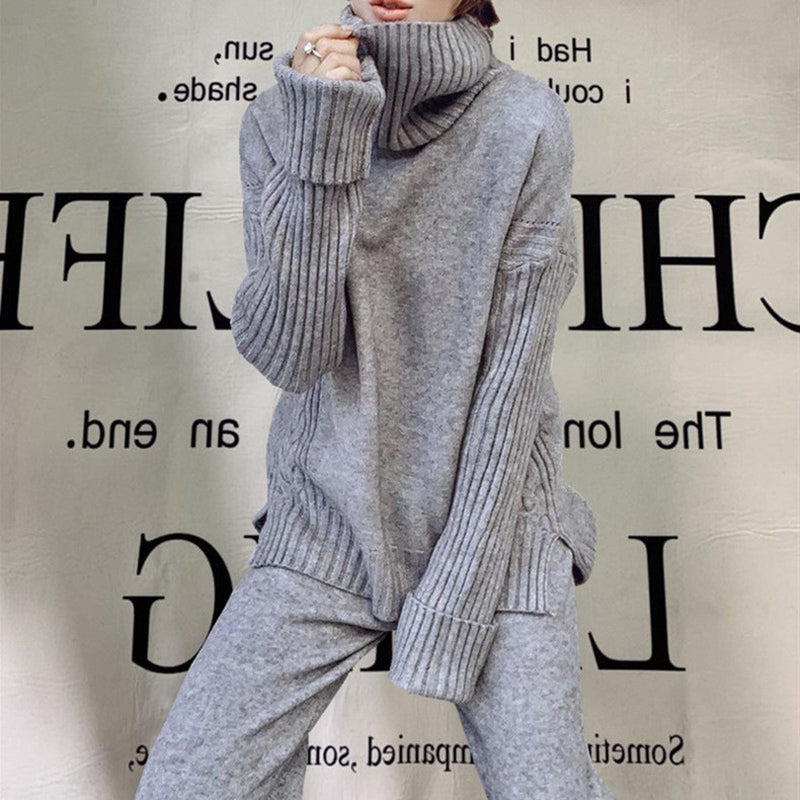 High neck split sweater + loose wide-leg pants two-piece