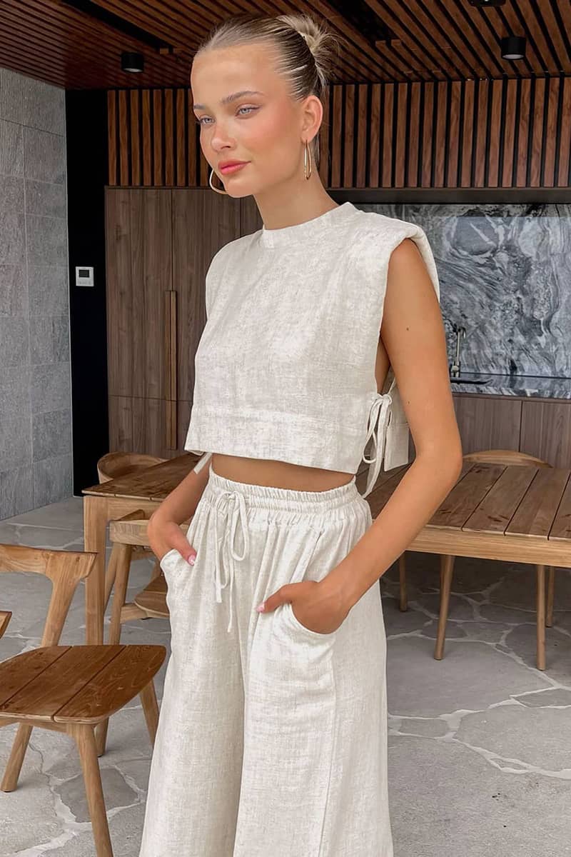 Shoulder pad sleeveless top trousers cotton and linen two-piece set