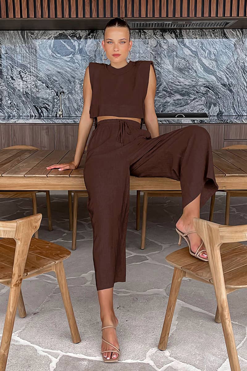 Shoulder pad sleeveless top trousers cotton and linen two-piece set