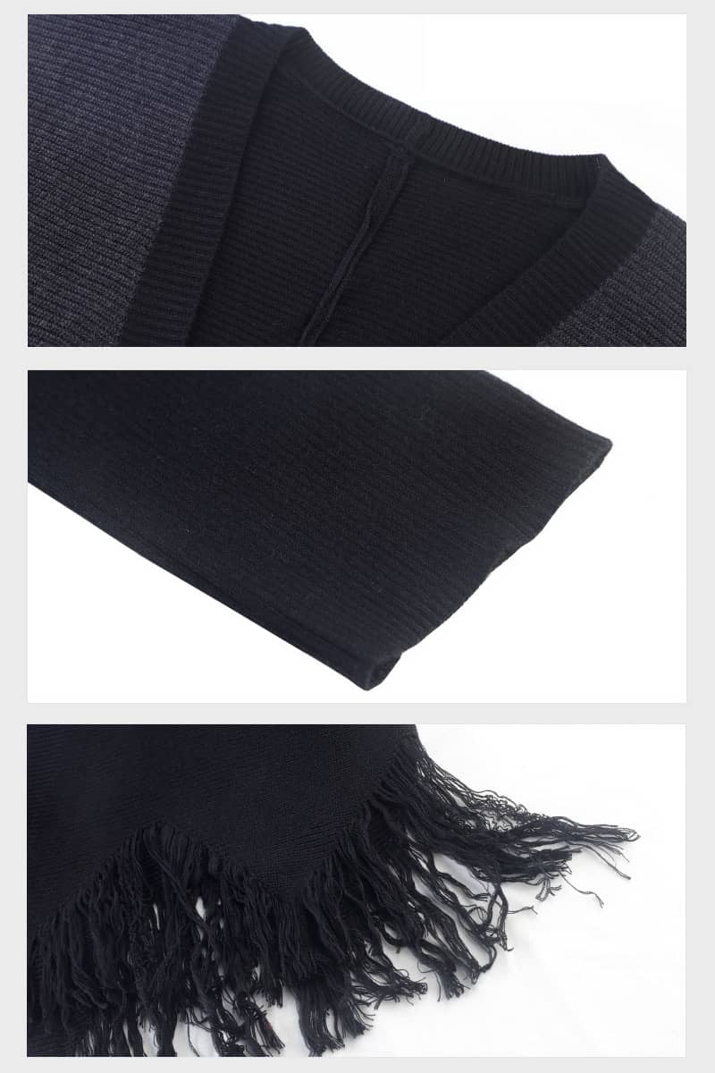 Women's mid-length colorblock wool knitted cardigan loose fringed coat