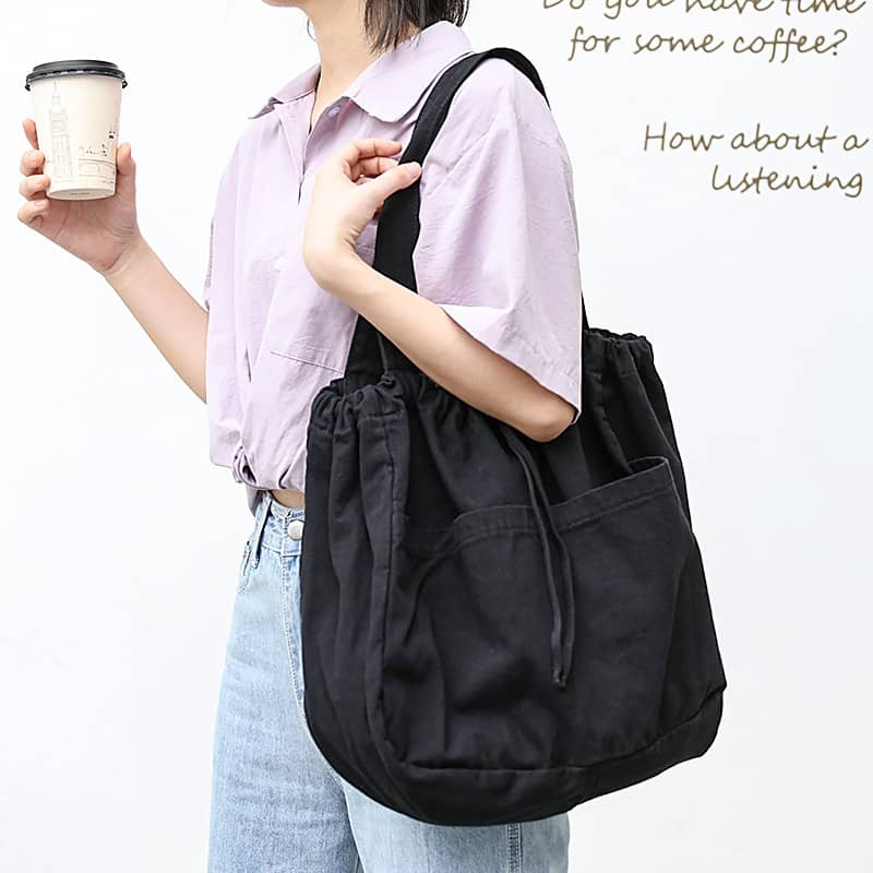 Canvas Shoulder Bag with Drawstring Closure and Single Strap Handle