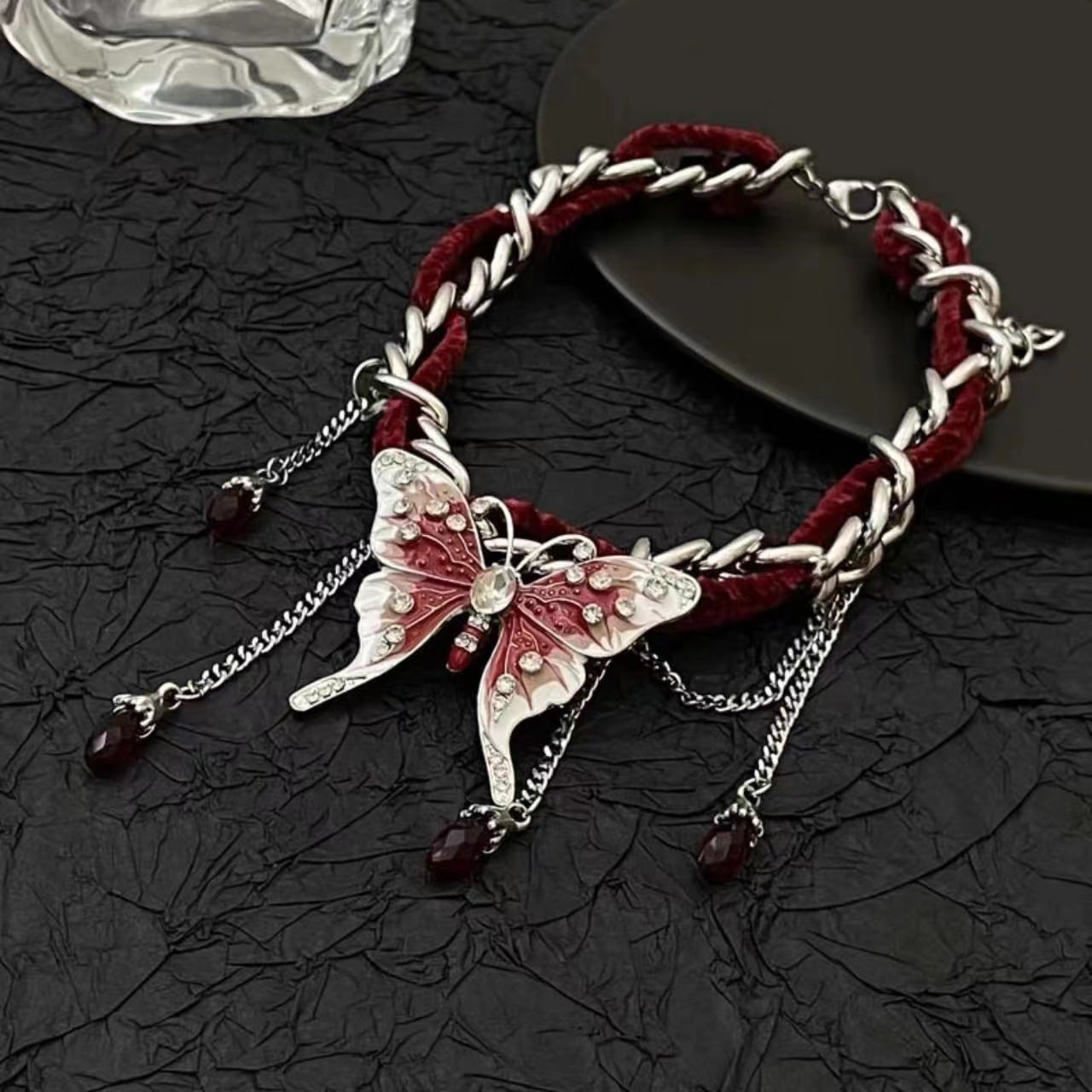 Red Velvet Butterfly Tassel Necklace