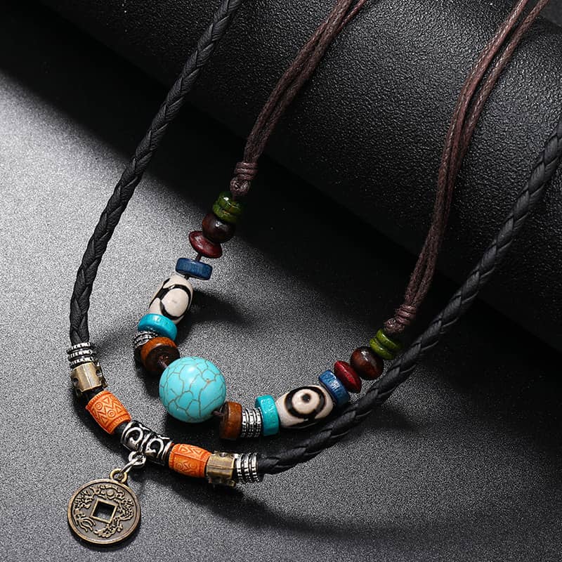 Turquoise Beaded Braided Leather Necklace