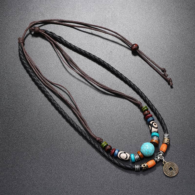 Turquoise Beaded Braided Leather Necklace