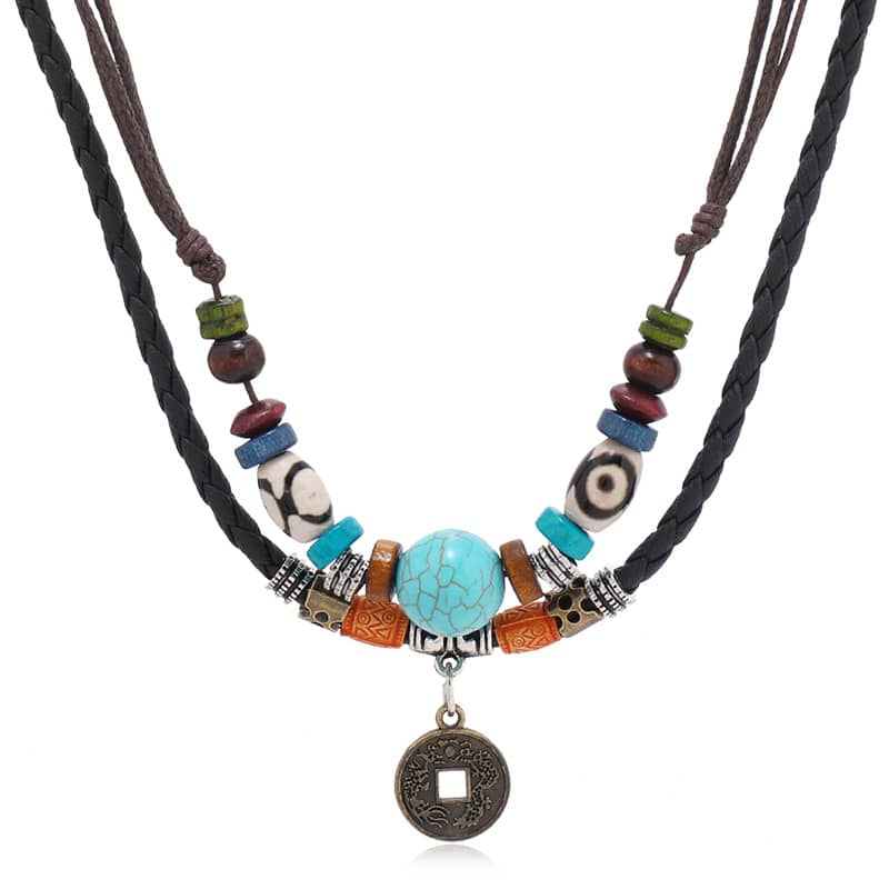 Turquoise Beaded Braided Leather Necklace