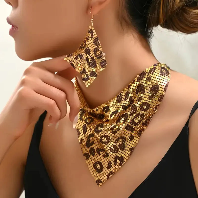Leopard Print Sequined Triangle Scarf Necklace Earrings Jewelry Set