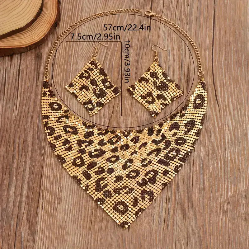 Leopard Print Sequined Triangle Scarf Necklace Earrings Jewelry Set