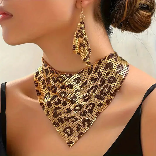 Leopard Print Sequined Triangle Scarf Necklace Earrings Jewelry Set