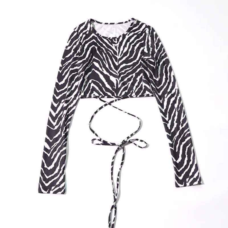 Zebra Print Halter Top Crop Tie Long Sleeve T-Shirt