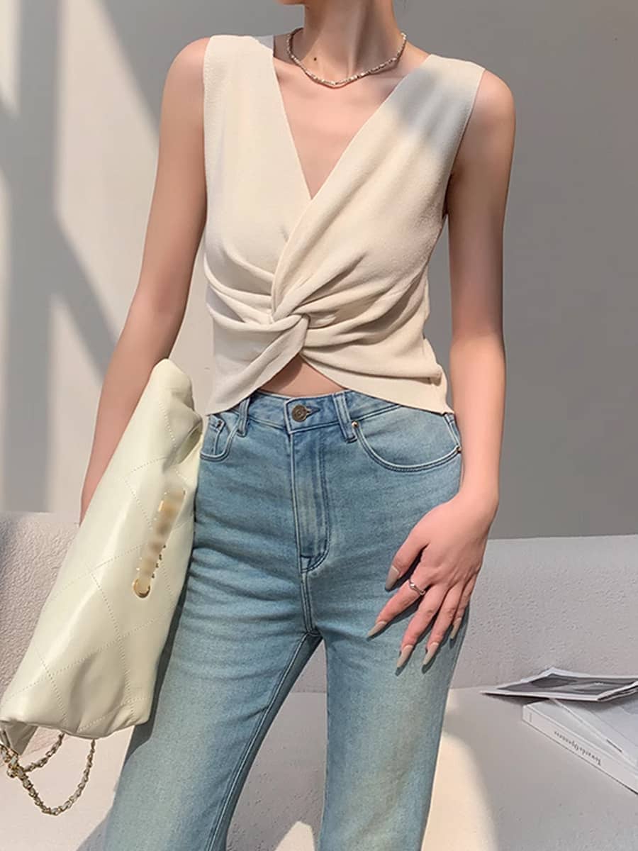 Women's Beige Sleeveless V-Neck Knitted Vest