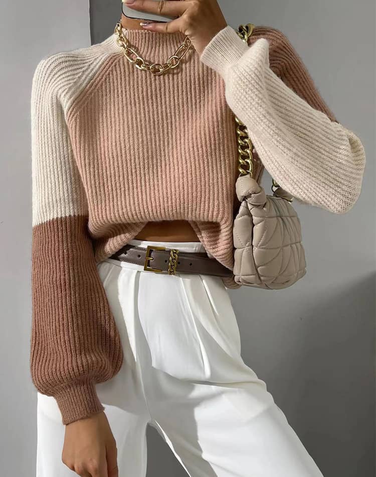 Contrast color loose and stylish pullover sweater