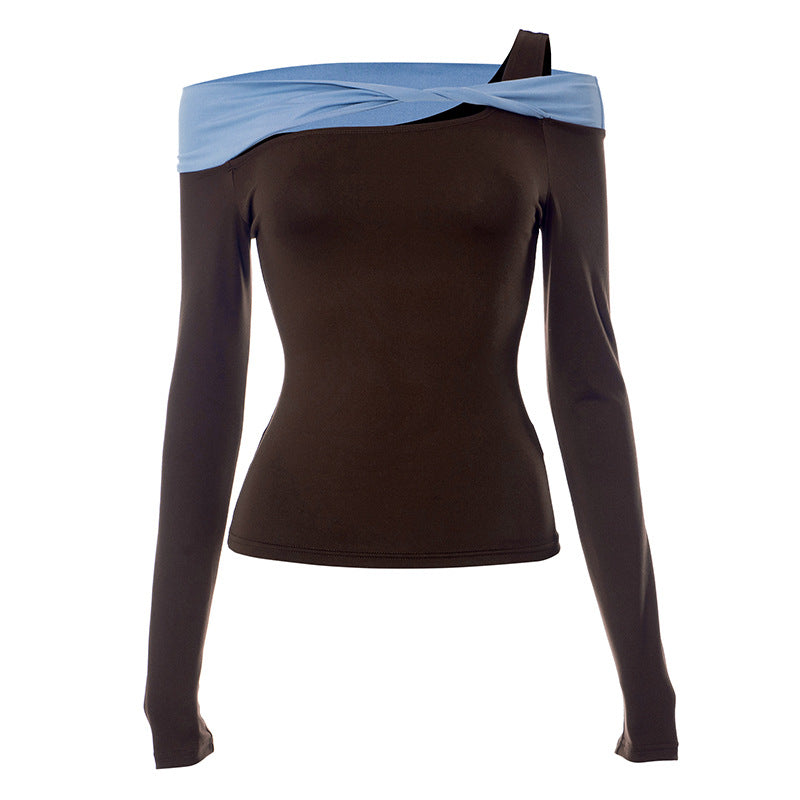 Contrast color one shoulder long sleeve T-shirt