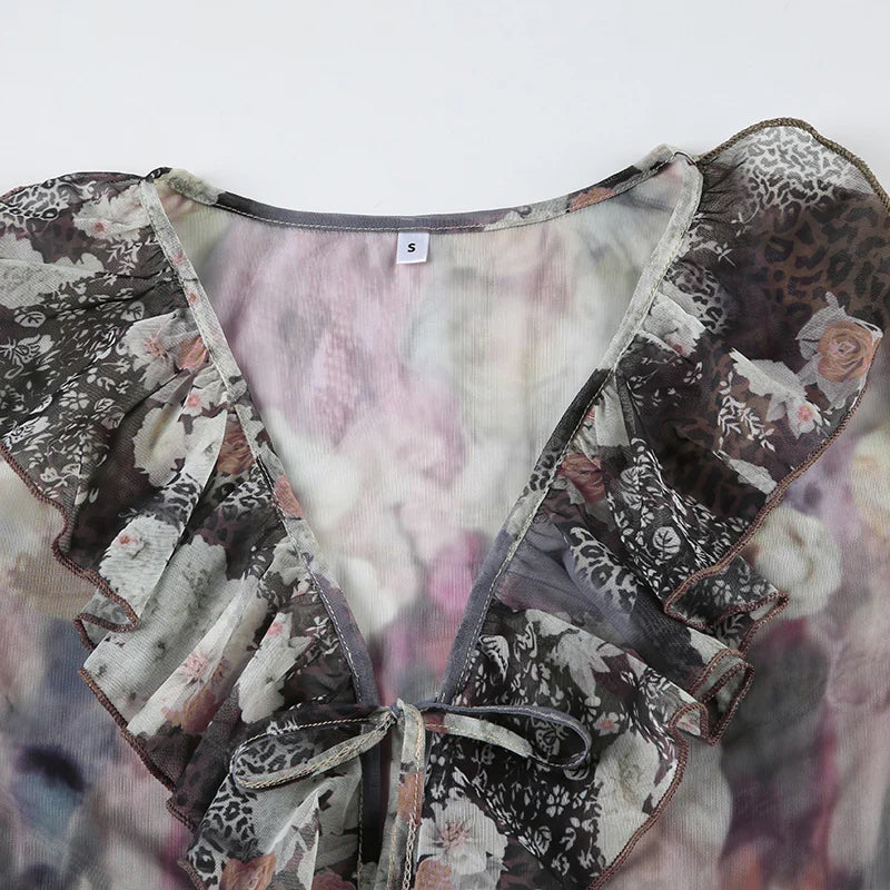 Printed Mesh T-shirt Bell Sleeve Top