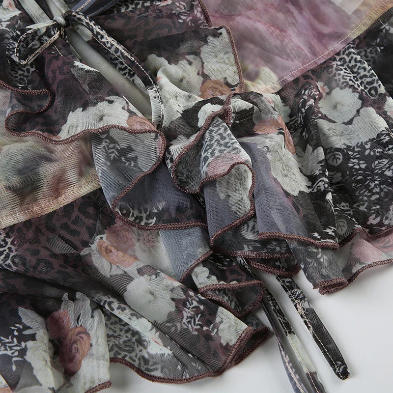 Printed Mesh T-shirt Bell Sleeve Top