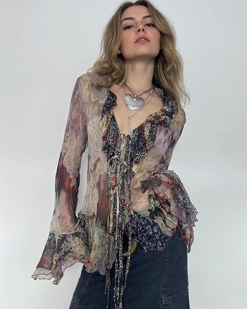 Printed Mesh T-shirt Bell Sleeve Top