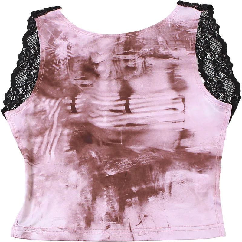 Sleeveless splicing backless printed lace short tank top