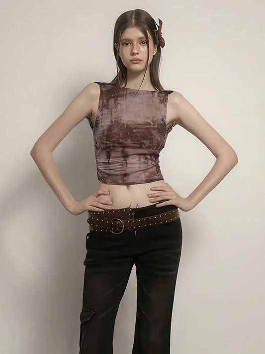 Sleeveless splicing backless printed lace short tank top