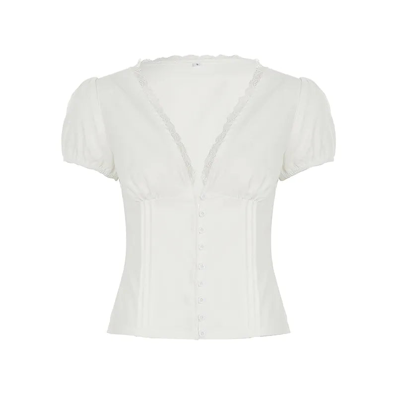Lace Panel V-Neck Puff Short-Sleeve Shirt