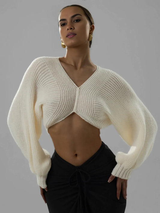V-neck navel-baring short knitted sweater