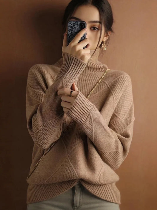 Diamond plaid solid color turtleneck sweater for women