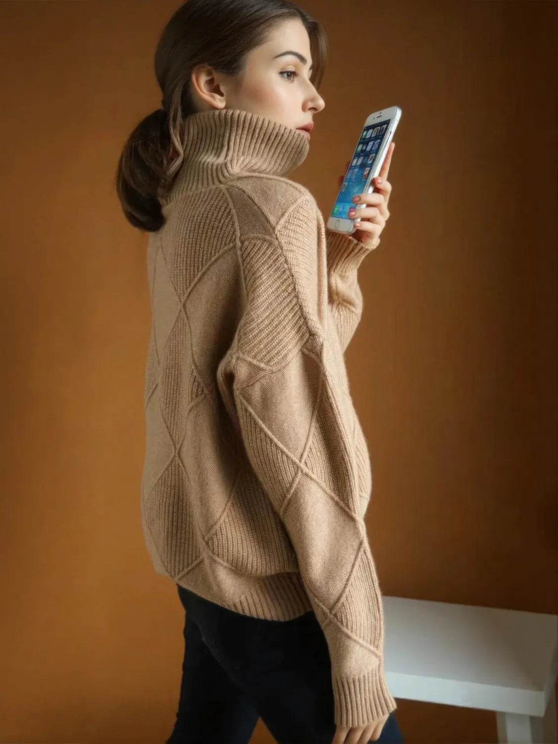 Diamond plaid solid color turtleneck sweater for women