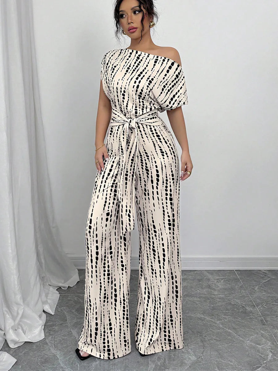 Striped Off-shoulder Strap Wide-leg Jumpsuit
