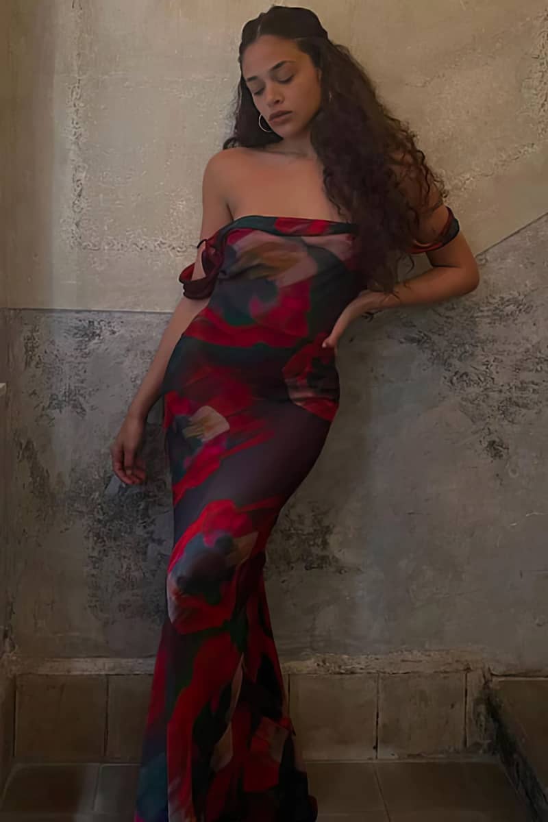 Printed long suspender dress