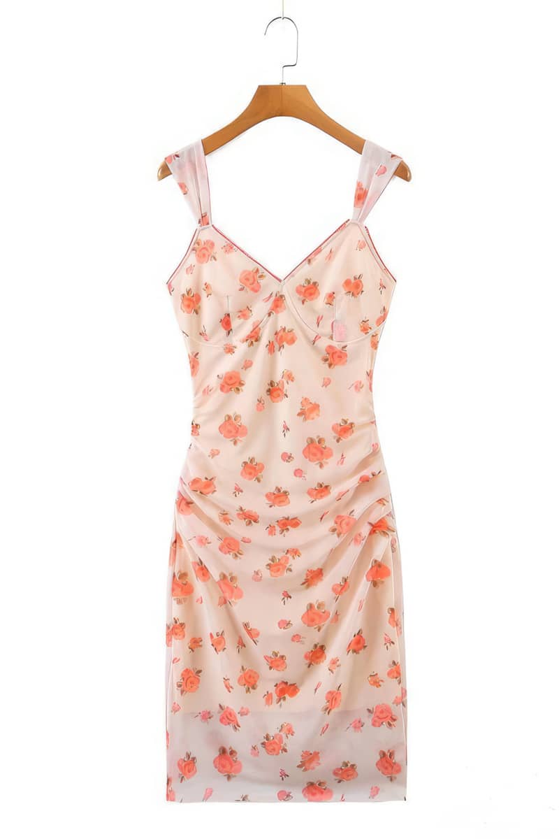 Sling V-neck Floral Print One Step Dress Package Hip Dress